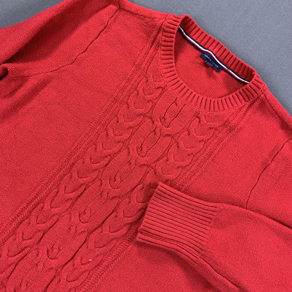 Tommy Hilfiger Sweater Dress‎ Womens XL Red Cable Knit Crewneck Stripe Trim Logo